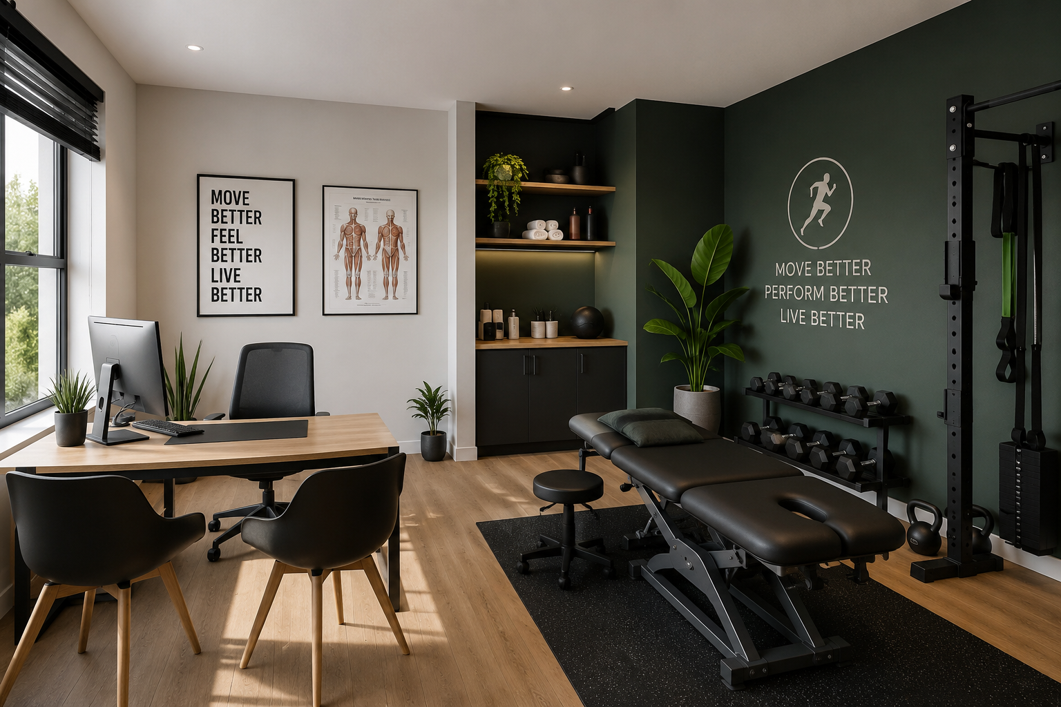 Nicole Kruger treatment room with a plinth, natural light and clinic equipment
